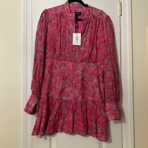 Bardot Pink Floral Mini w/ruffle & balloon sleeve